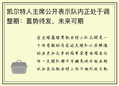 凯尔特人主席公开表示队内正处于调整期：蓄势待发，未来可期