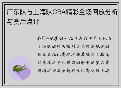 广东队与上海队CBA精彩全场回放分析与赛后点评